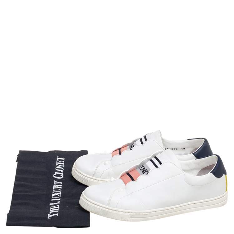 Pre Owned Fendi White Scalloped Leather Logo Rockoko Slip-On Sneakers Size 40