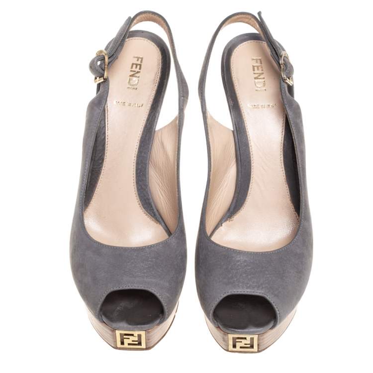 Pre Owned Fendi Grey Nubuck Leather Fendista  Slingback Pumps Size 38.5