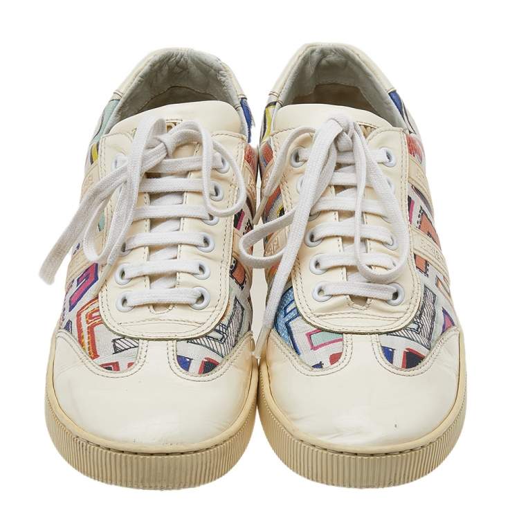 Pre Owned Fendi Multicolor Patent Leather And FF Print Coated Canvas Low Top Sneakers Size 37.5