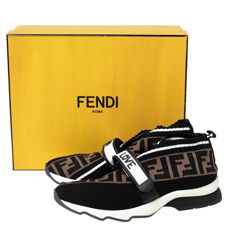 Pre Owned Fendi Black/Brown Zucca Print Knit Fabric and Mesh Rockoko Sneakers Size 38