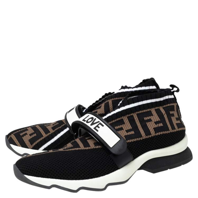 Pre Owned Fendi Black/Brown Zucca Print Knit Fabric and Mesh Rockoko Sneakers Size 38