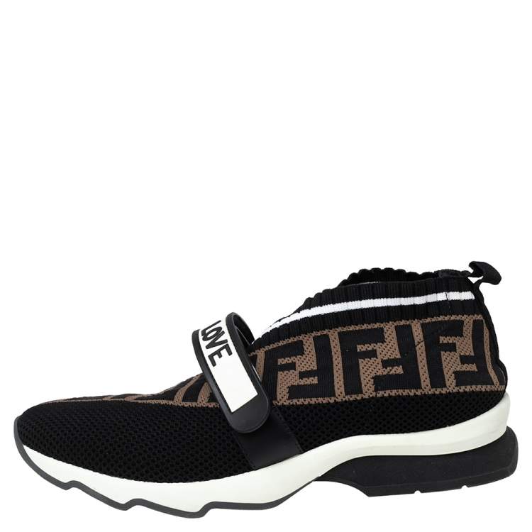 Pre Owned Fendi Black/Brown Zucca Print Knit Fabric and Mesh Rockoko Sneakers Size 38