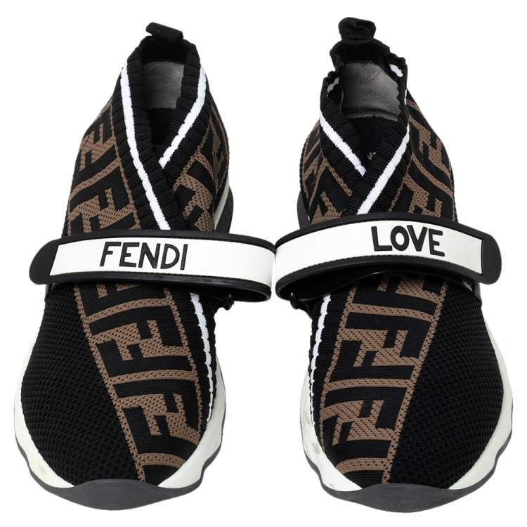 Pre Owned Fendi Black/Brown Zucca Print Knit Fabric and Mesh Rockoko Sneakers Size 38