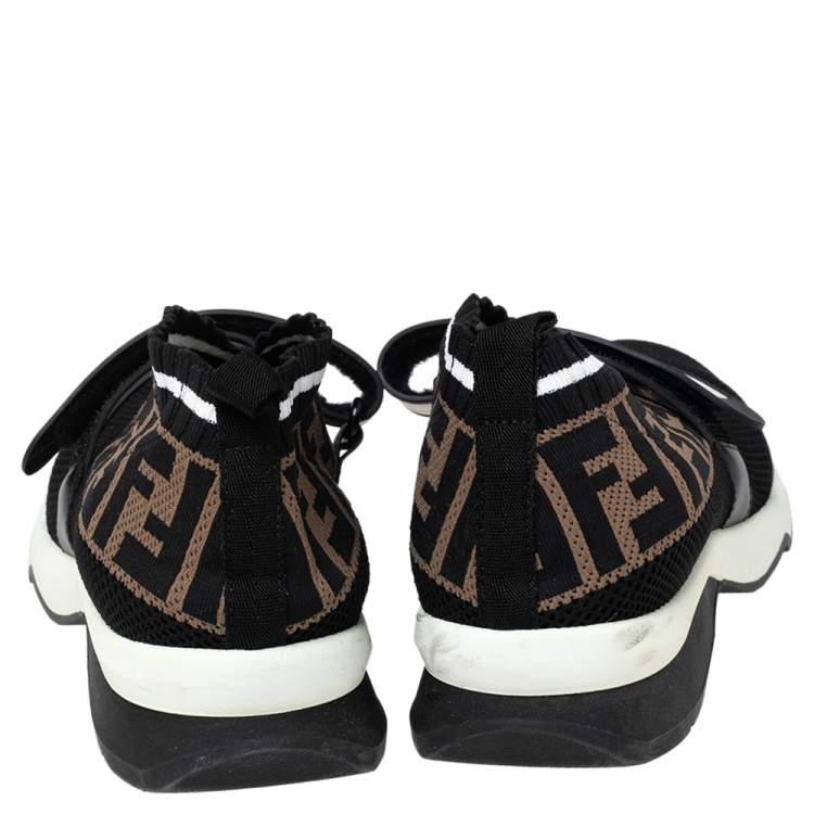 Pre Owned Fendi Black/Brown Zucca Print Knit Fabric and Mesh Rockoko Sneakers Size 38