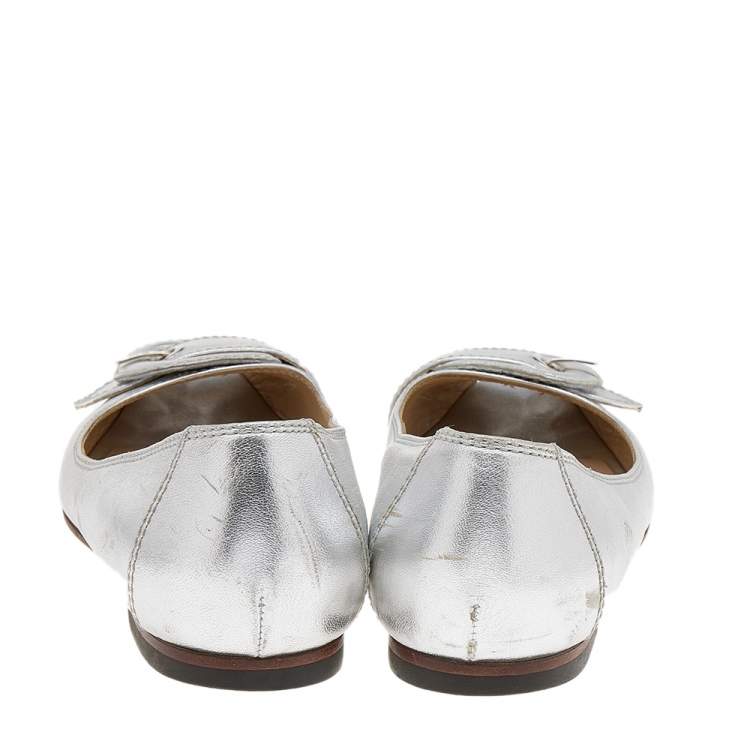 Pre Owned Fendi Metallic Silver Leather Buckle Peep Toe Ballet Flats Size 38.5