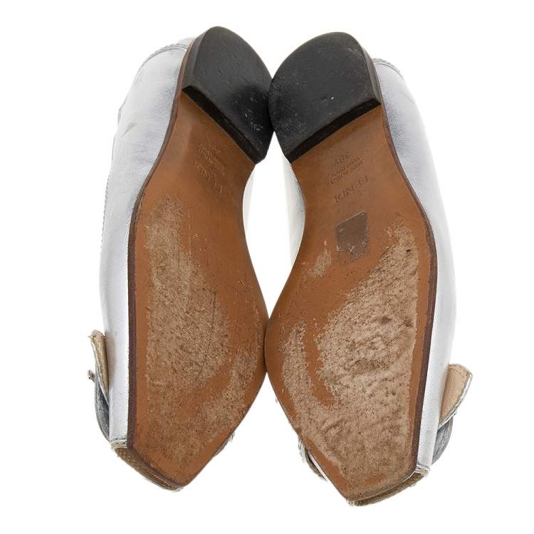 Pre Owned Fendi Metallic Silver Leather Buckle Peep Toe Ballet Flats Size 38.5