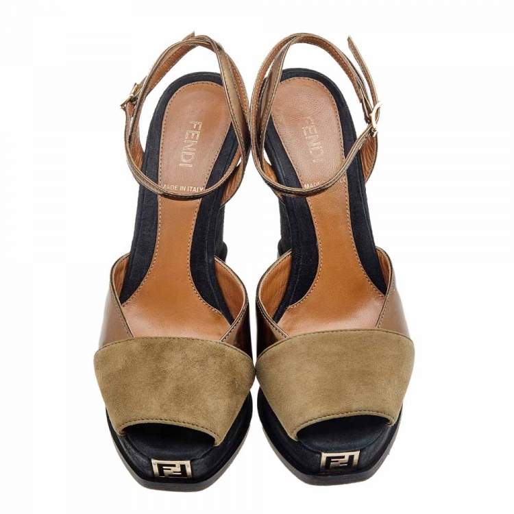 Pre Owned Fendi Multicolor Suede And Leather Fendista Wedge Platform Ankle Strap Sandals Size 36