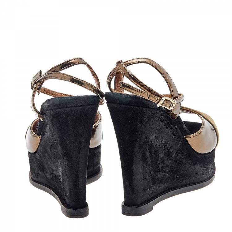 Pre Owned Fendi Multicolor Suede And Leather Fendista Wedge Platform Ankle Strap Sandals Size 36