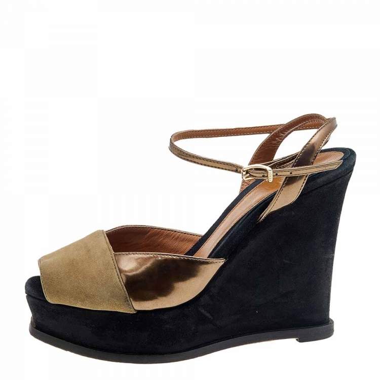 Pre Owned Fendi Multicolor Suede And Leather Fendista Wedge Platform Ankle Strap Sandals Size 36