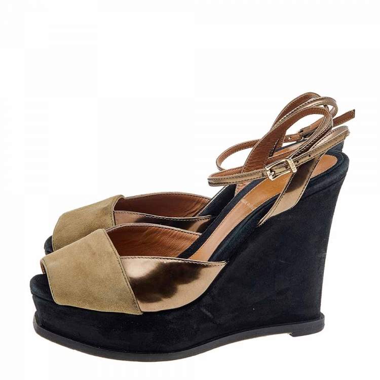 Pre Owned Fendi Multicolor Suede And Leather Fendista Wedge Platform Ankle Strap Sandals Size 36