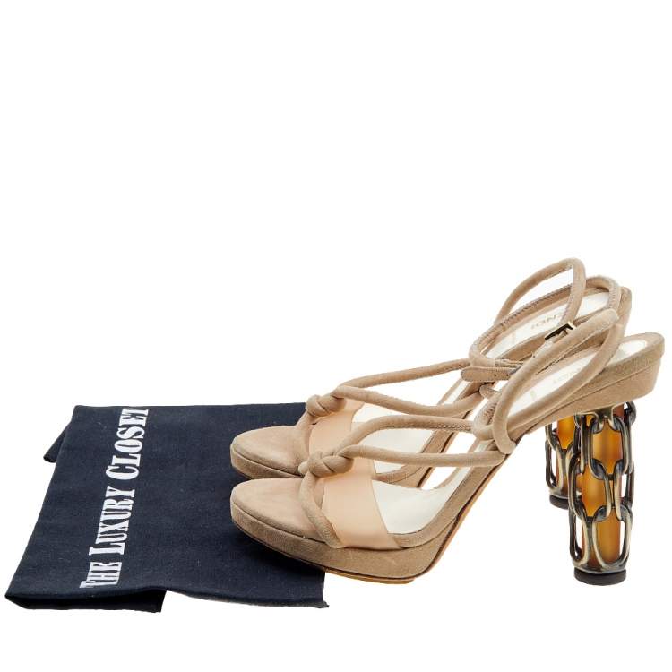 Pre Owned Fendi Beige Suede Chain Cage Heel Platform Sandals Size 40