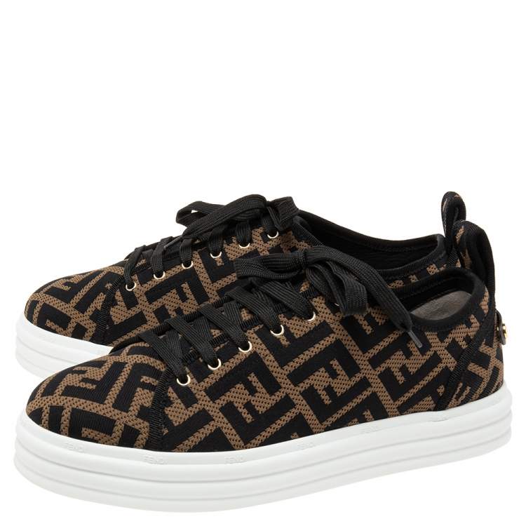 Pre Owned Fendi Brown FF Zucca Fabric Platform Low Top Sneakers Size 40.5