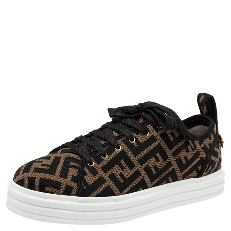 Pre Owned Fendi Brown FF Zucca Fabric Platform Low Top Sneakers Size 40.5