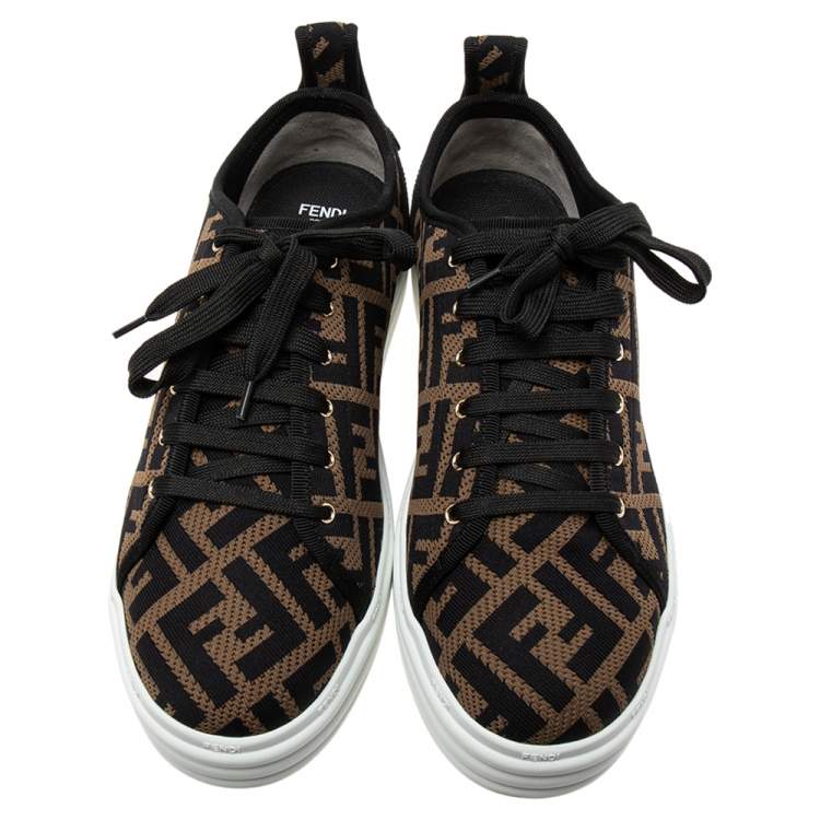Pre Owned Fendi Brown FF Zucca Fabric Platform Low Top Sneakers Size 40.5