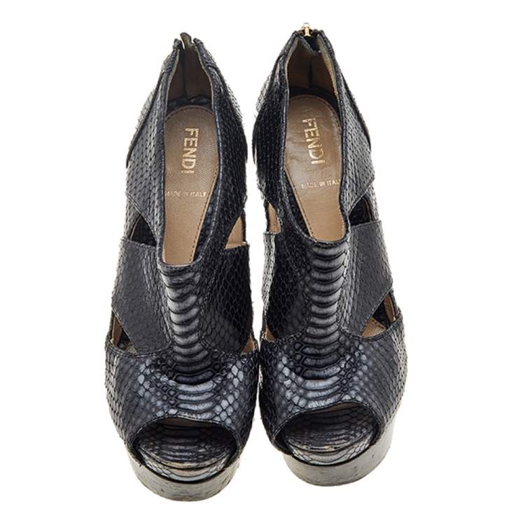 مملوكة مسبقًا Fendi Navy Blue Python Embossed Leather Open Toe Platform Booties Size 36