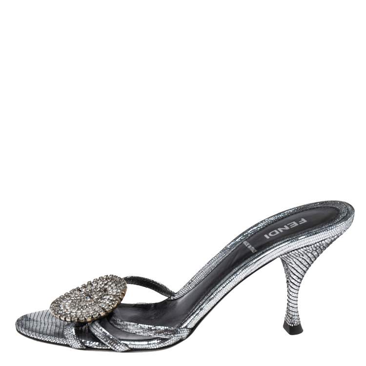 Pre Owned Fendi Silver Texture Leather Crystal Logo Embellished Sandals Size 36