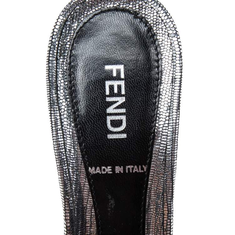 Pre Owned Fendi Silver Texture Leather Crystal Logo Embellished Sandals Size 36