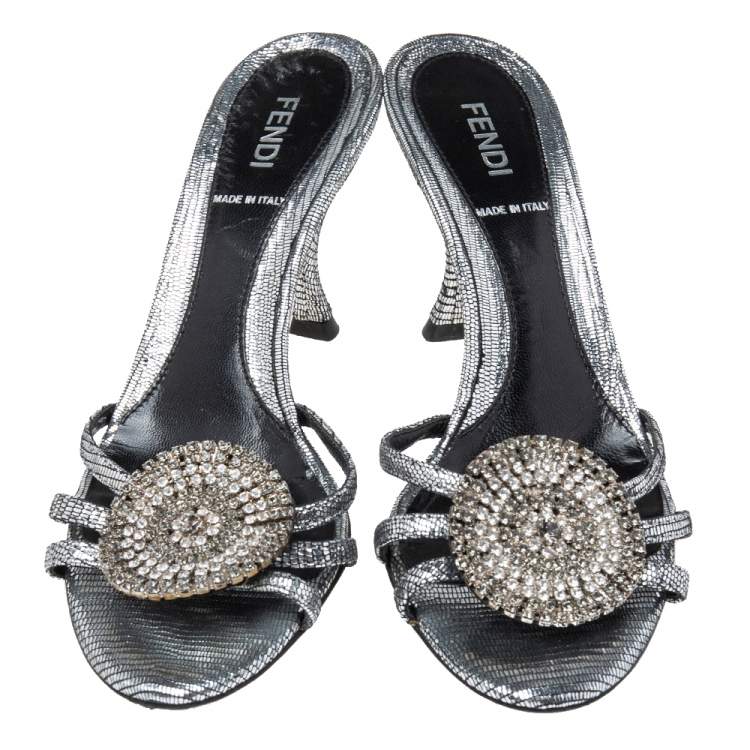 Pre Owned Fendi Silver Texture Leather Crystal Logo Embellished Sandals Size 36