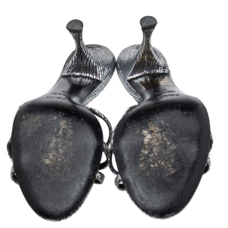 Pre Owned Fendi Silver Texture Leather Crystal Logo Embellished Sandals Size 36