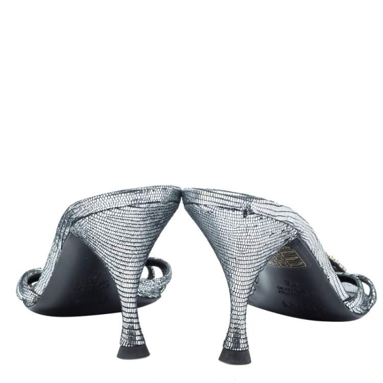 Pre Owned Fendi Silver Texture Leather Crystal Logo Embellished Sandals Size 36