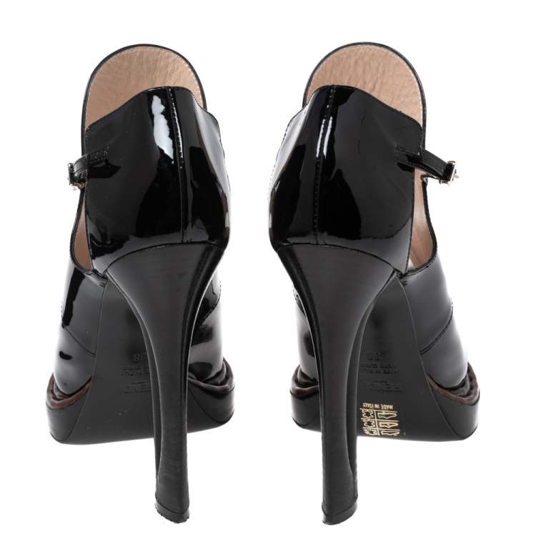 Pre Owned Fendi Black/White Patent and Leather Open-Toe Platform Sandals Size 38