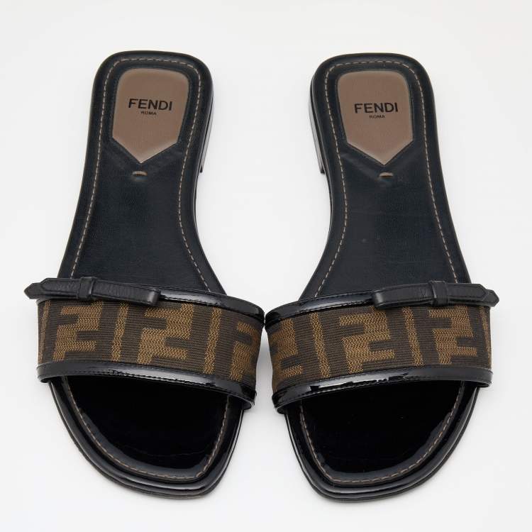 Pre Owned Fendi Brown/Black Zucca Canvas And Patent Leather Bow Flat Slides Size 39