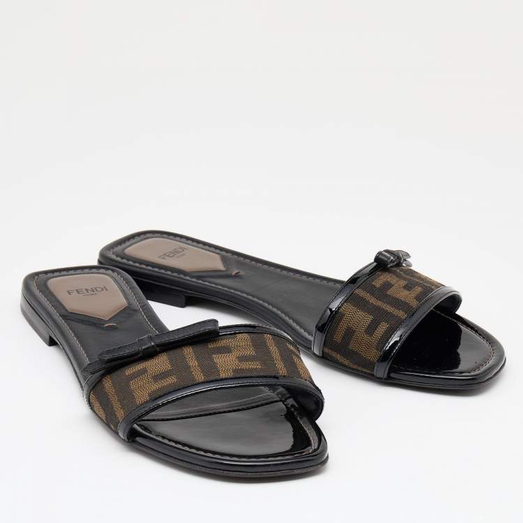 Pre Owned Fendi Brown/Black Zucca Canvas And Patent Leather Bow Flat Slides Size 39