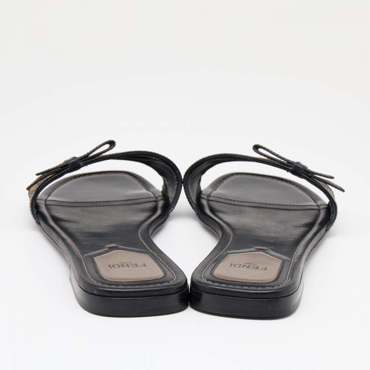Pre Owned Fendi Brown/Black Zucca Canvas And Patent Leather Bow Flat Slides Size 39