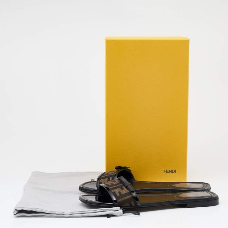Pre Owned Fendi Brown/Black Zucca Canvas And Patent Leather Bow Flat Slides Size 39
