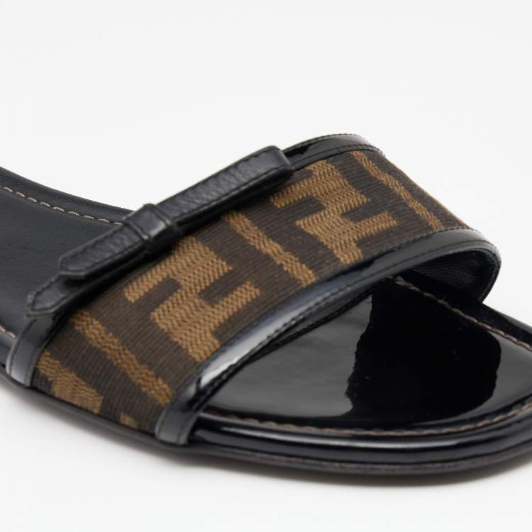Pre Owned Fendi Brown/Black Zucca Canvas And Patent Leather Bow Flat Slides Size 39