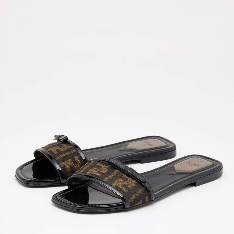 Pre Owned Fendi Brown/Black Zucca Canvas And Patent Leather Bow Flat Slides Size 39