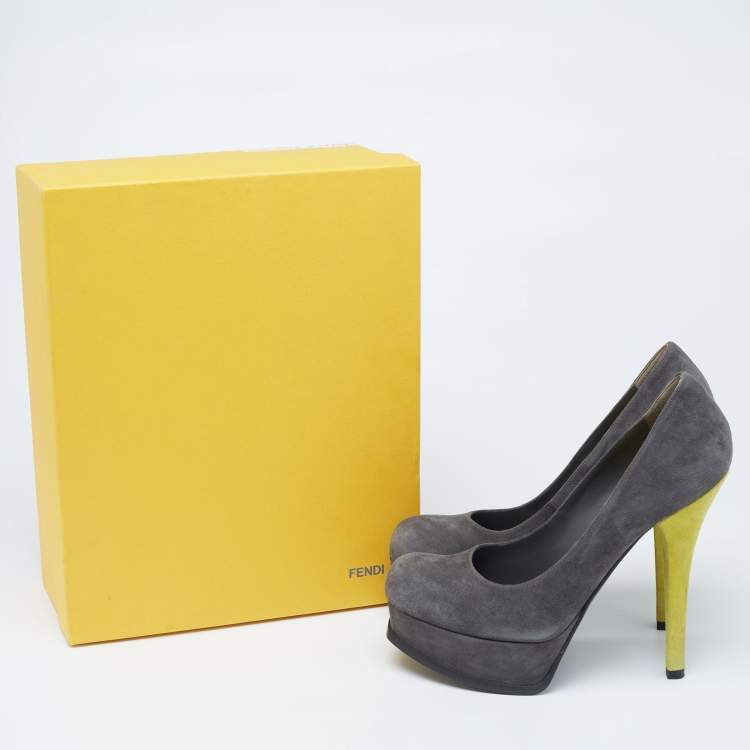 Pre Owned Fendi Grey/Yellow Suede Fendista Platform Pumps Size 39