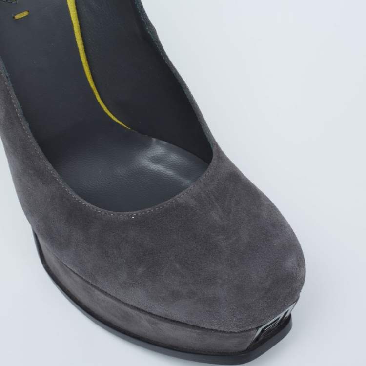 Pre Owned Fendi Grey/Yellow Suede Fendista Platform Pumps Size 39