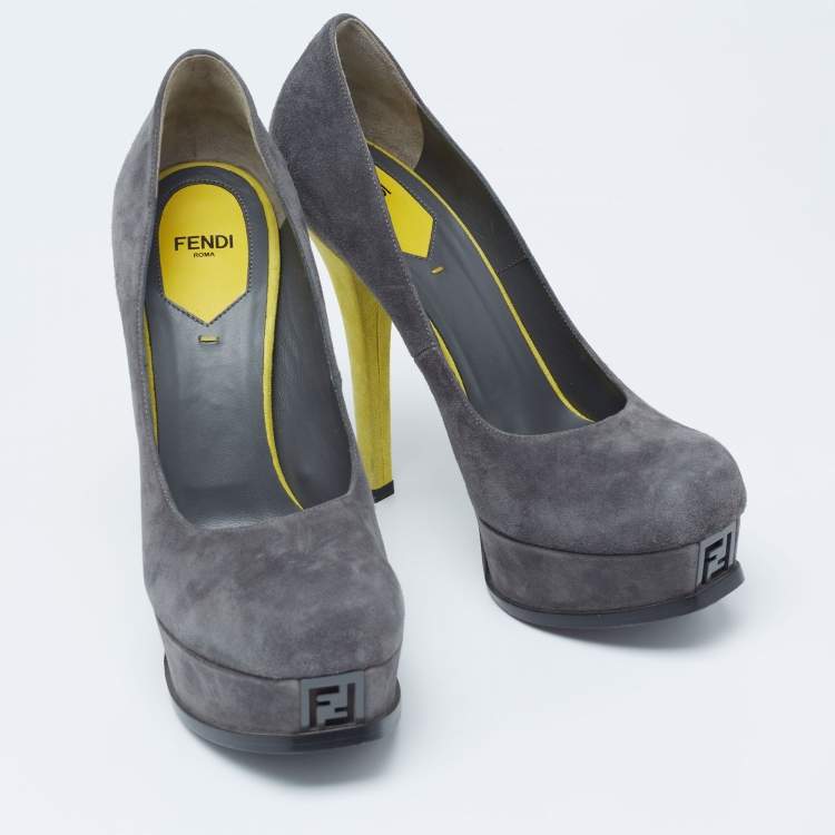 Pre Owned Fendi Grey/Yellow Suede Fendista Platform Pumps Size 39