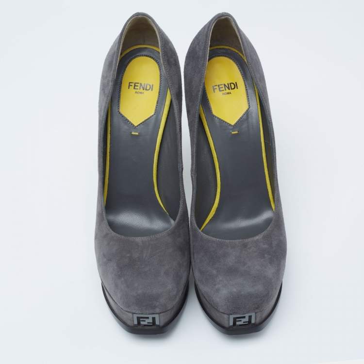 Pre Owned Fendi Grey/Yellow Suede Fendista Platform Pumps Size 39