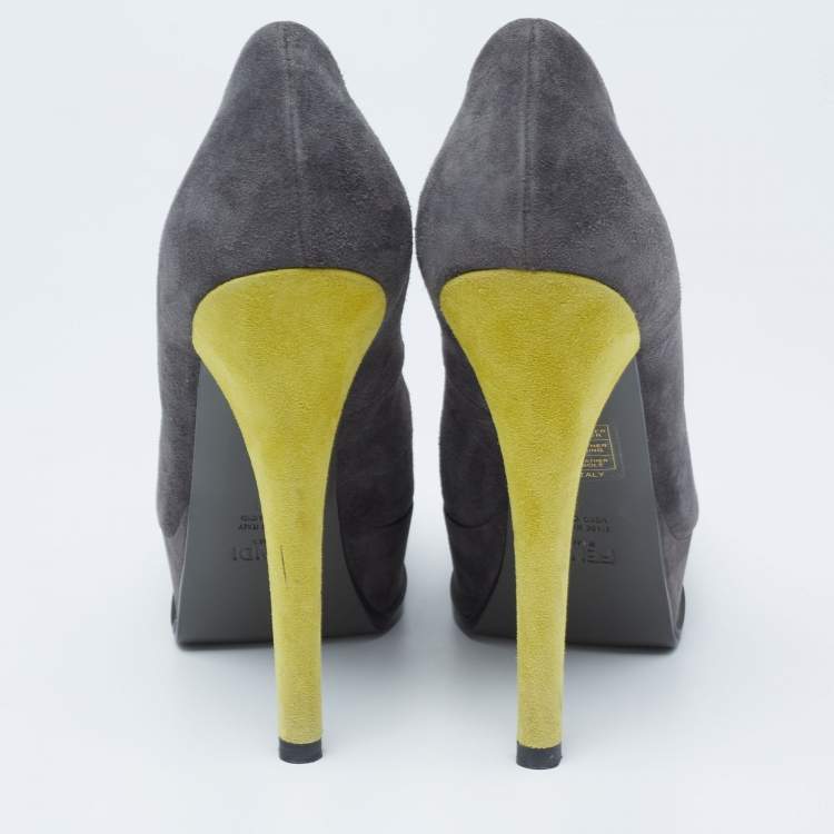 Pre Owned Fendi Grey/Yellow Suede Fendista Platform Pumps Size 39
