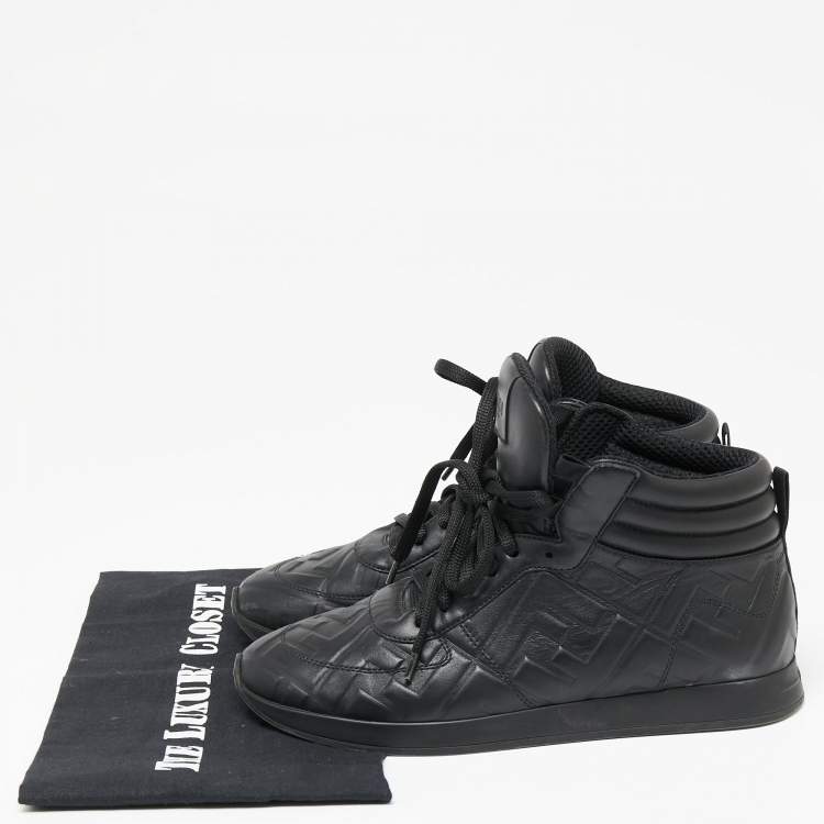 Pre Owned Fendi Black Leather FF Motif High Top Sneaker Size 38