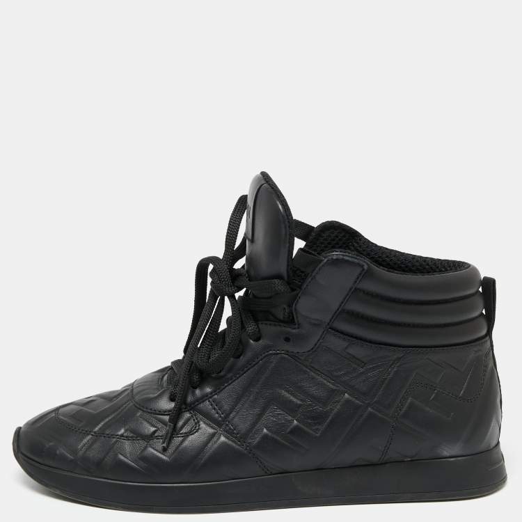 Pre Owned Fendi Black Leather FF Motif High Top Sneaker Size 38