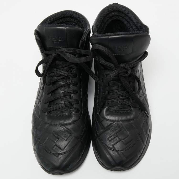 Pre Owned Fendi Black Leather FF Motif High Top Sneaker Size 38