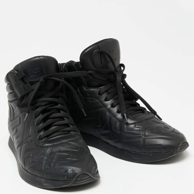 Pre Owned Fendi Black Leather FF Motif High Top Sneaker Size 38