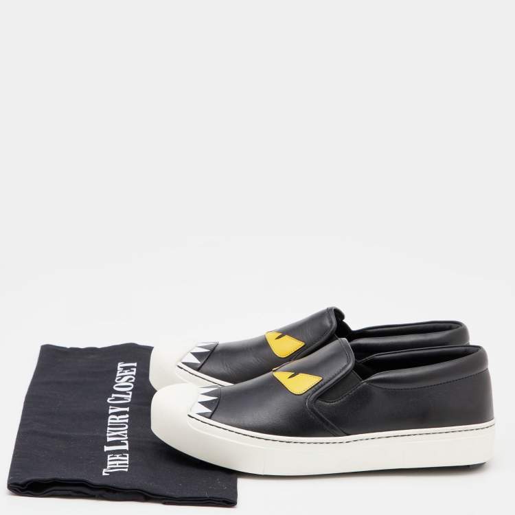 Pre Owned Fendi Black Leather Monster Slip On Sneakers Size 37