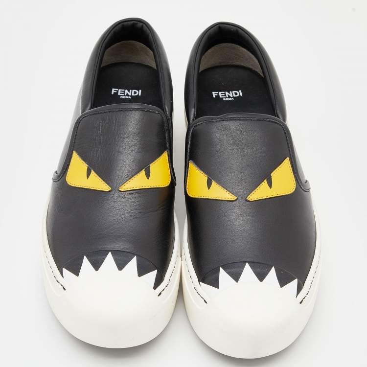 Pre Owned Fendi Black Leather Monster Slip On Sneakers Size 37