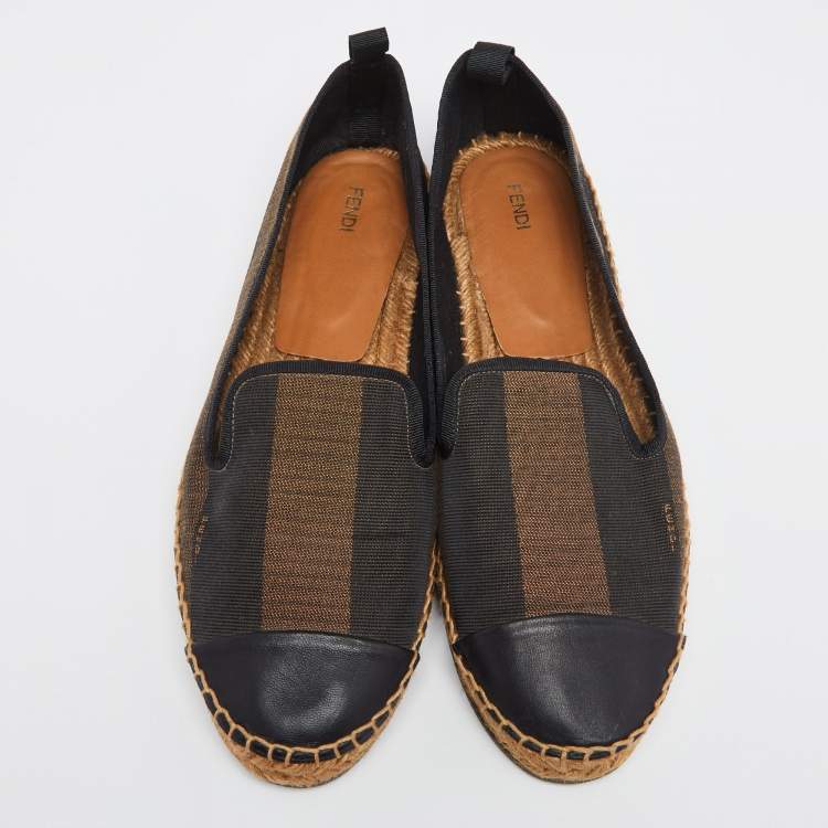 Pre Owned Fendi Black/Brown Pequin Stripe Canvas Junia Cap Toe Espadrilles Size 41