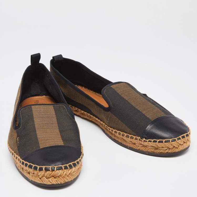 Pre Owned Fendi Black/Brown Pequin Stripe Canvas Junia Cap Toe Espadrilles Size 41