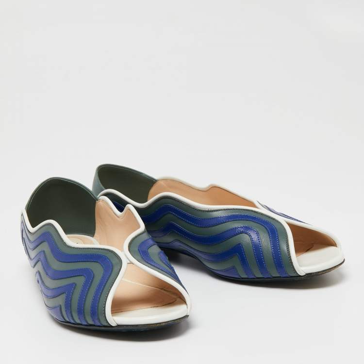 Pre Owned Fendi Blue/Green Leather Wave Peep-Toe Ballet Flats Size 40
