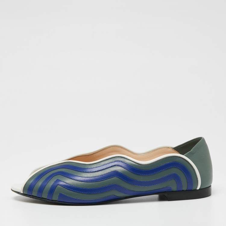 Pre Owned Fendi Blue/Green Leather Wave Peep-Toe Ballet Flats Size 40