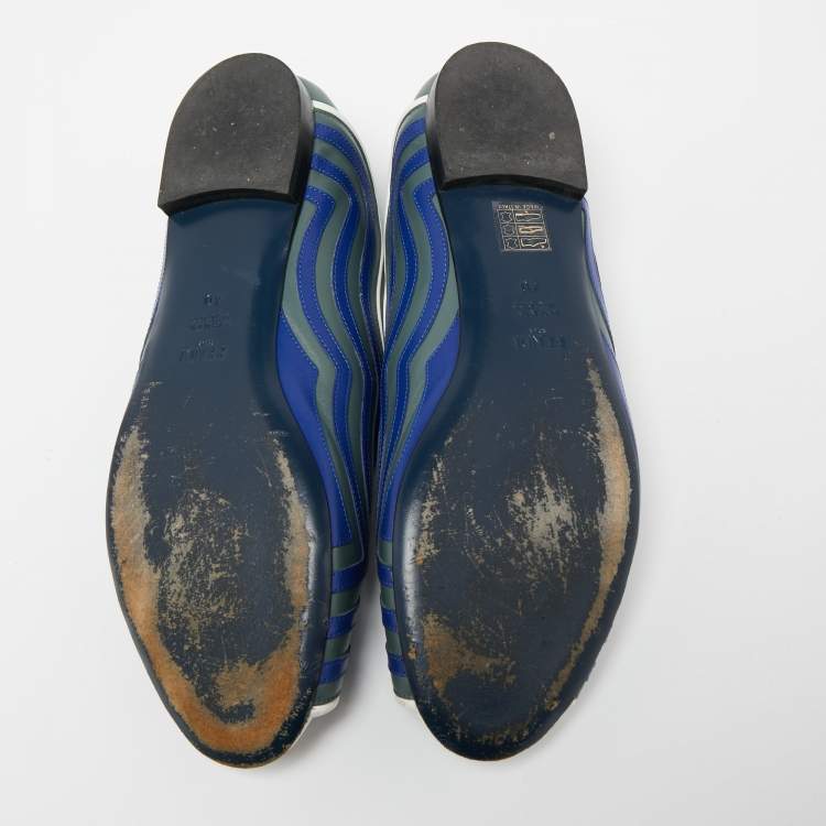 Pre Owned Fendi Blue/Green Leather Wave Peep-Toe Ballet Flats Size 40