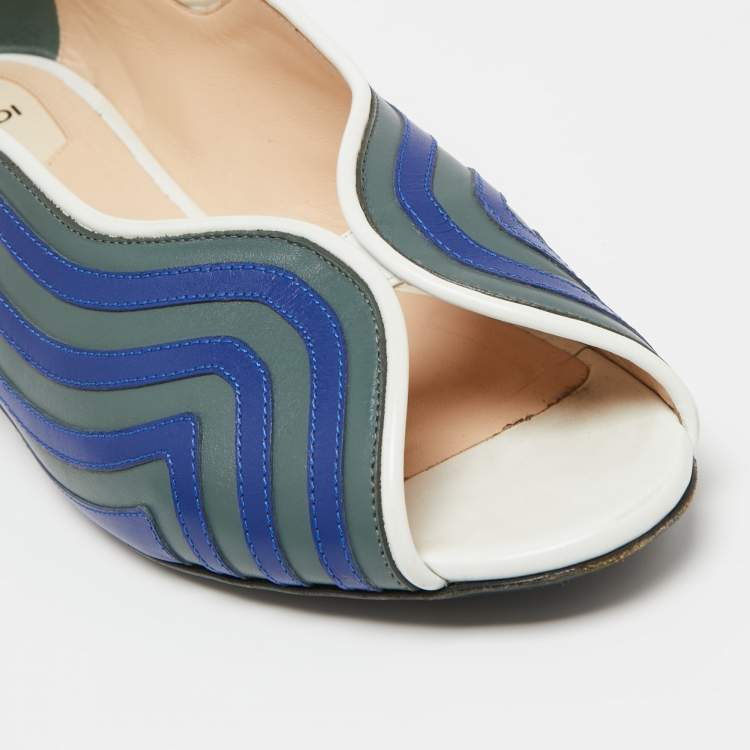 Pre Owned Fendi Blue/Green Leather Wave Peep-Toe Ballet Flats Size 40