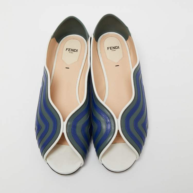 Pre Owned Fendi Blue/Green Leather Wave Peep-Toe Ballet Flats Size 40