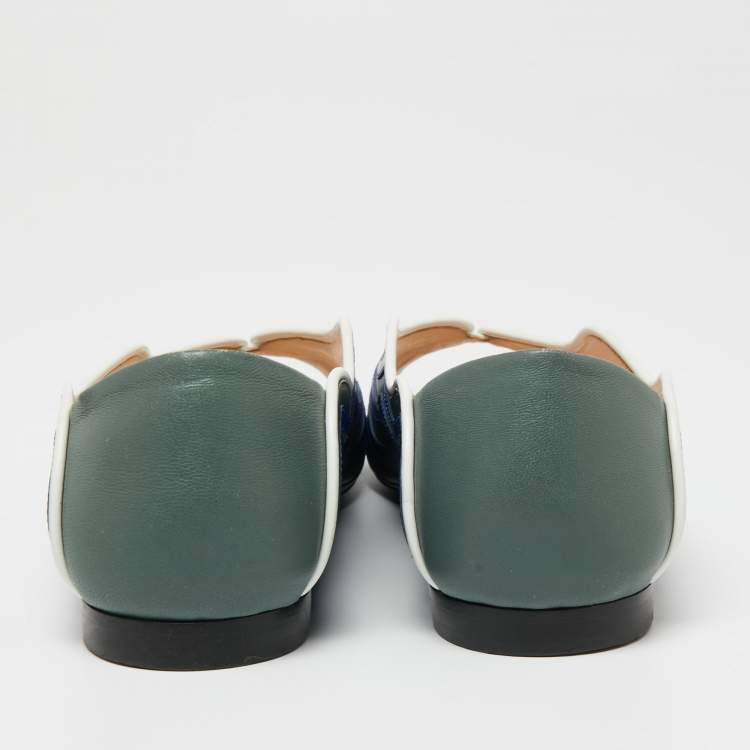 Pre Owned Fendi Blue/Green Leather Wave Peep-Toe Ballet Flats Size 40